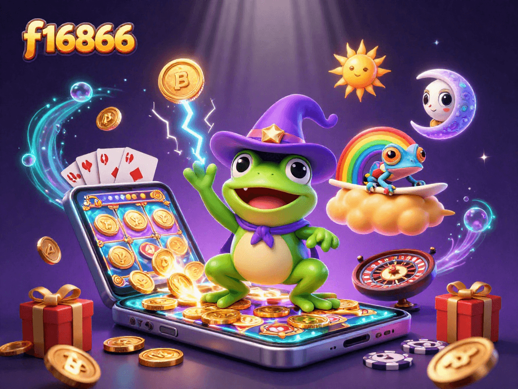Experience the excitement of f16866 gaming with a wizard frog and chameleon in a dynamic 3D scene filled with slot games and golden coins.
