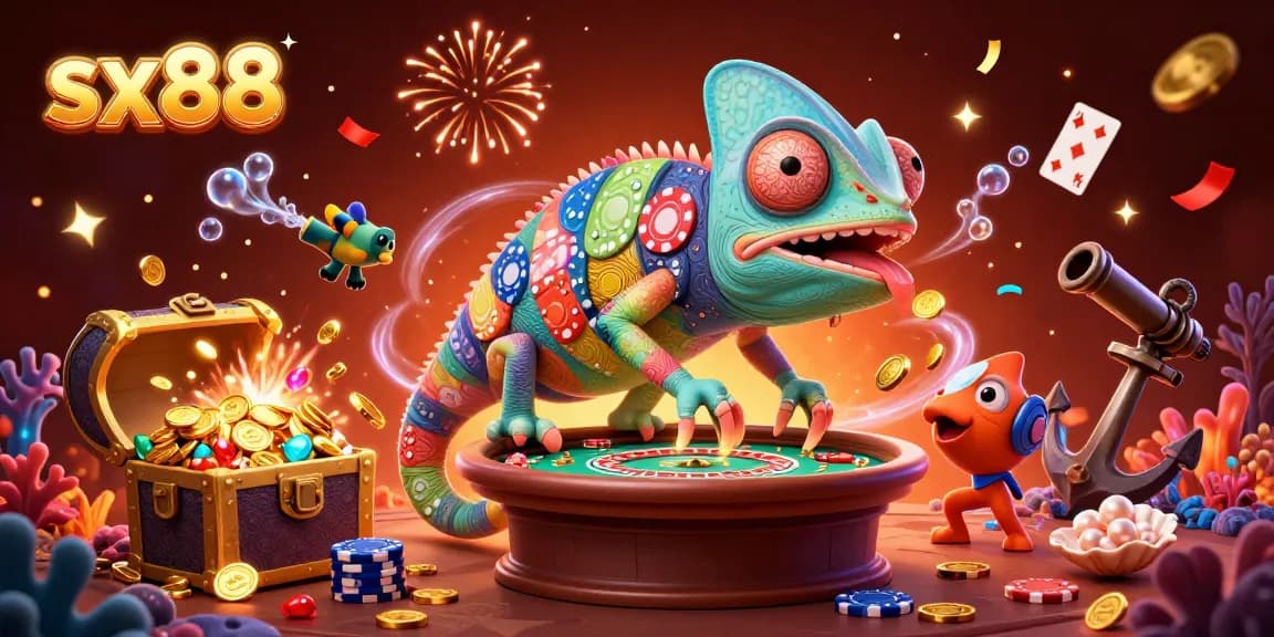 SX88 chameleon casino owner captures gold coins while overseeing games in a vibrant casino atmosphere.