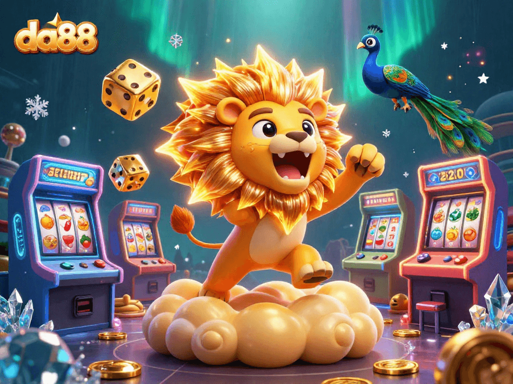 da88 brings excitement with a roaring sun lion amid colorful casino elements.