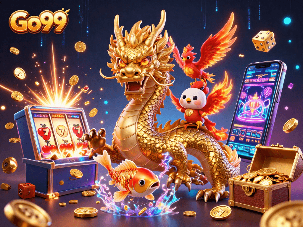 Experience excitement with Go99 as a golden dragon, phoenix, and koi fish bring casino action to life.