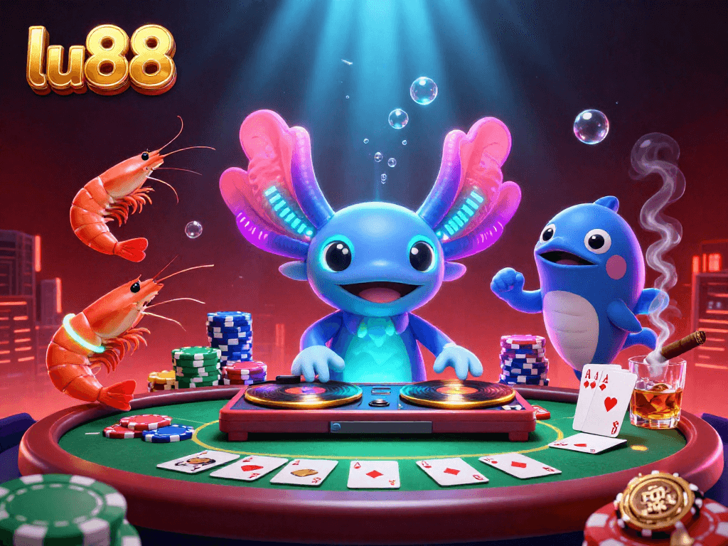 Experience the thrill of gambling at lu88 with a vibrant underwater casino scene featuring cartoon characters.