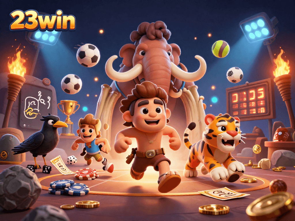 Experience thrilling action at 23win with caveman and sabertooth casino in vibrant 3D illustration.