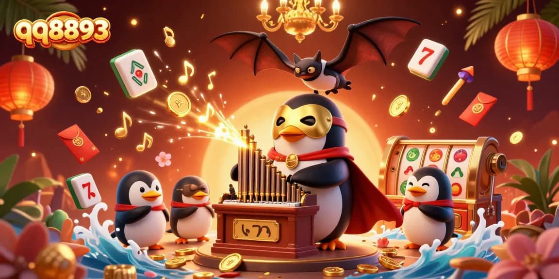 Experience thrilling moments at qq8893 with a playful phantom penguin and vibrant casino elements.