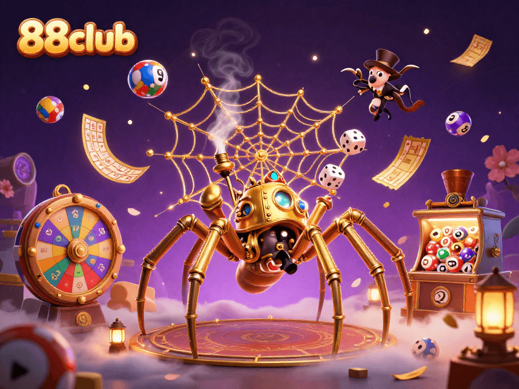 Immerse in the vibrant world of 88club with golden spider webbing luck, floating bingo balls, and engaging prizes.