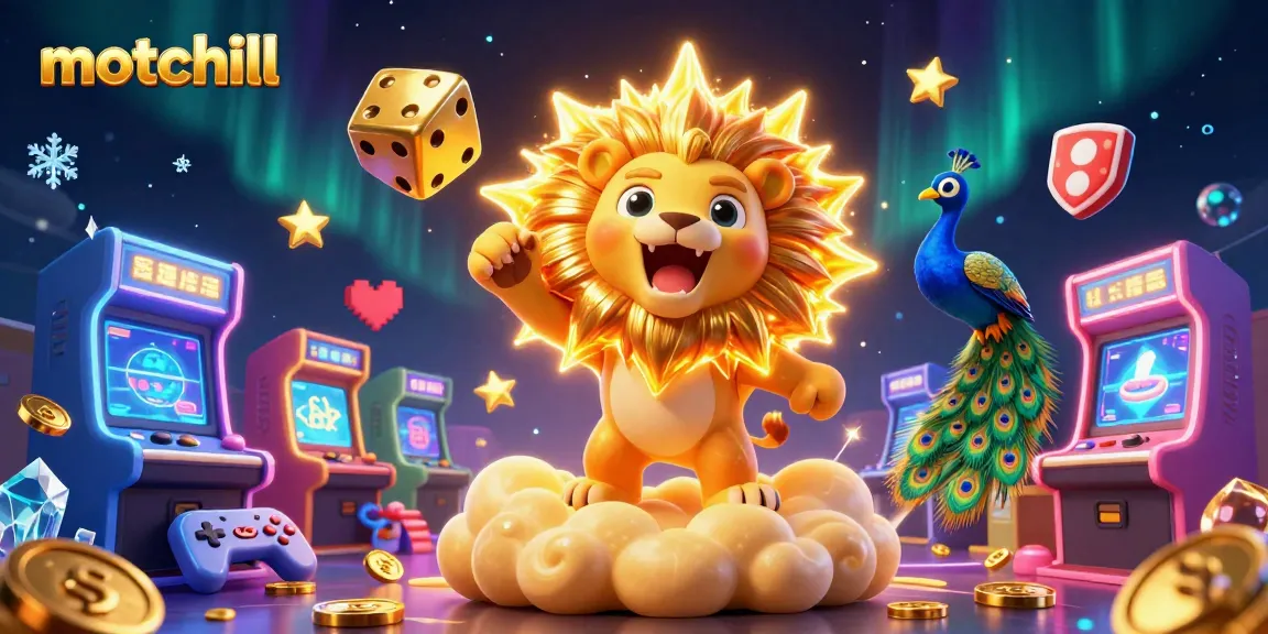 Experience thrilling gaming action with motchill's lion character amidst dice and dynamic casino elements.