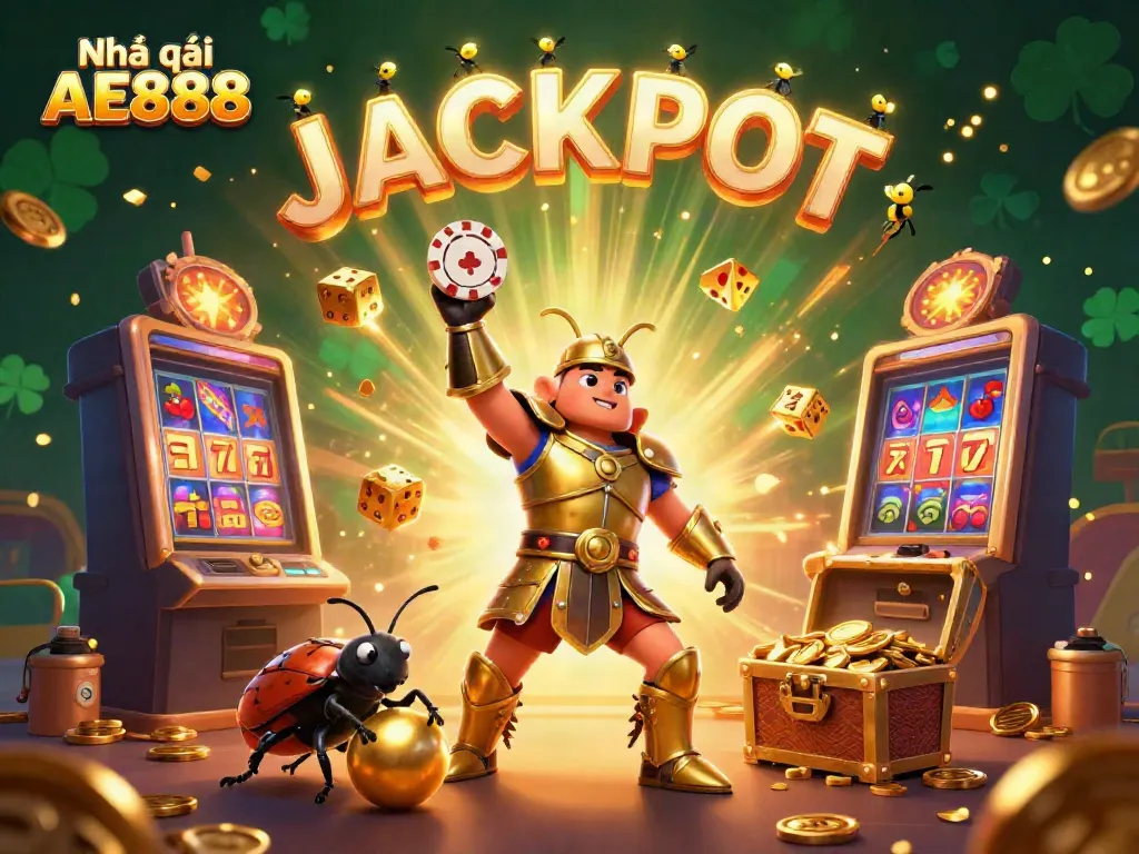 Experience the thrill with Nhà cái AE888's cartoon beetle characters celebrating a jackpot victory!
