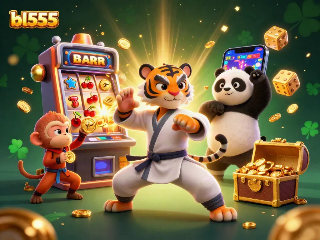 Experience thrilling wins with bl555 as a kung fu tiger and friends celebrate at a jackpot slot machine.