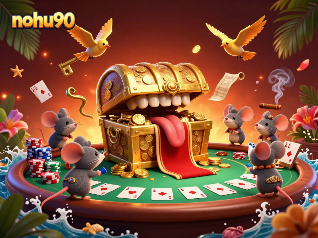 Engage with nohu90's vibrant casino-themed scene, showcasing poker strategies and golden treasures.