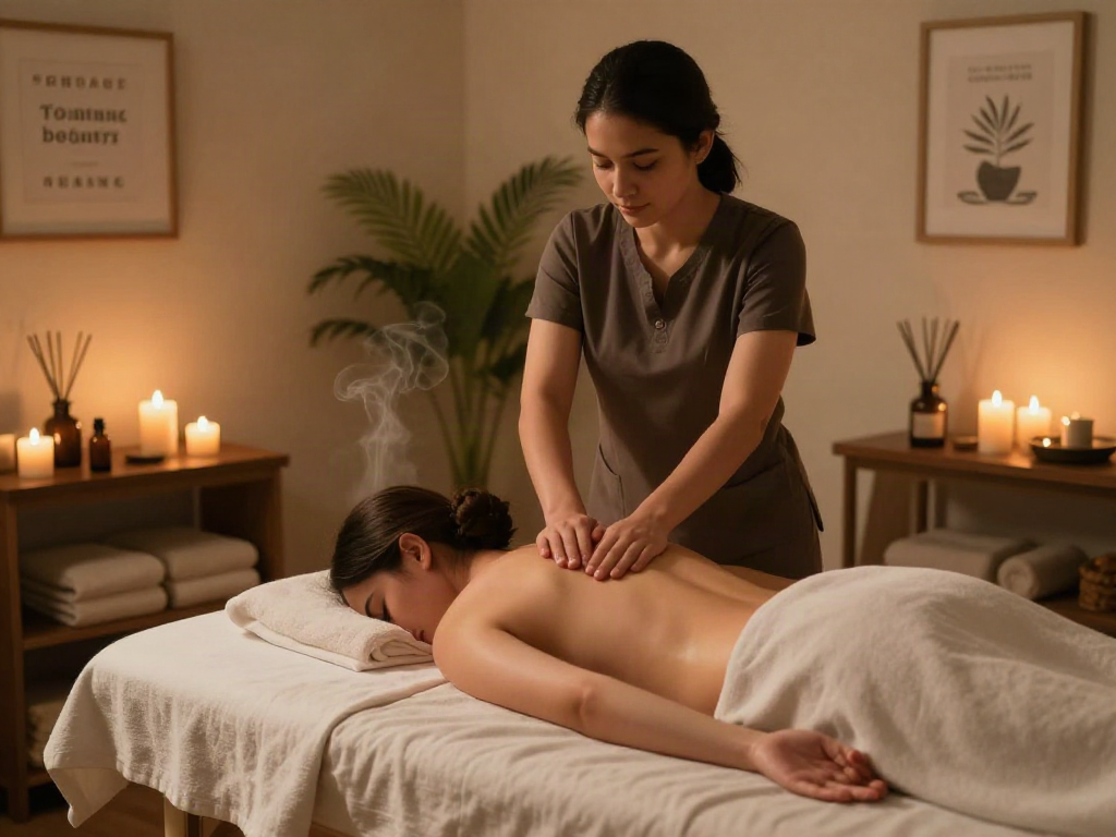 부천출장마사지 in a serene spa with a therapist giving a back massage, candles and plants enhance relaxation.
