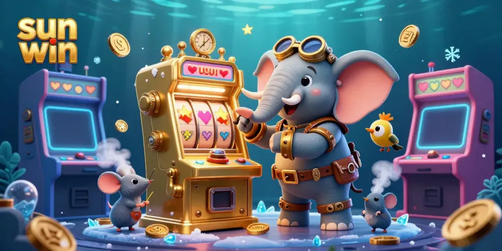Experience thrilling gameplay at sun win with a steampunk elephant operating a golden slot machine amidst a vibrant arcade.