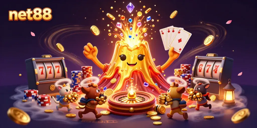 Win big with net88's thrilling casino adventures featuring a golden volcano, coins, and treasures!