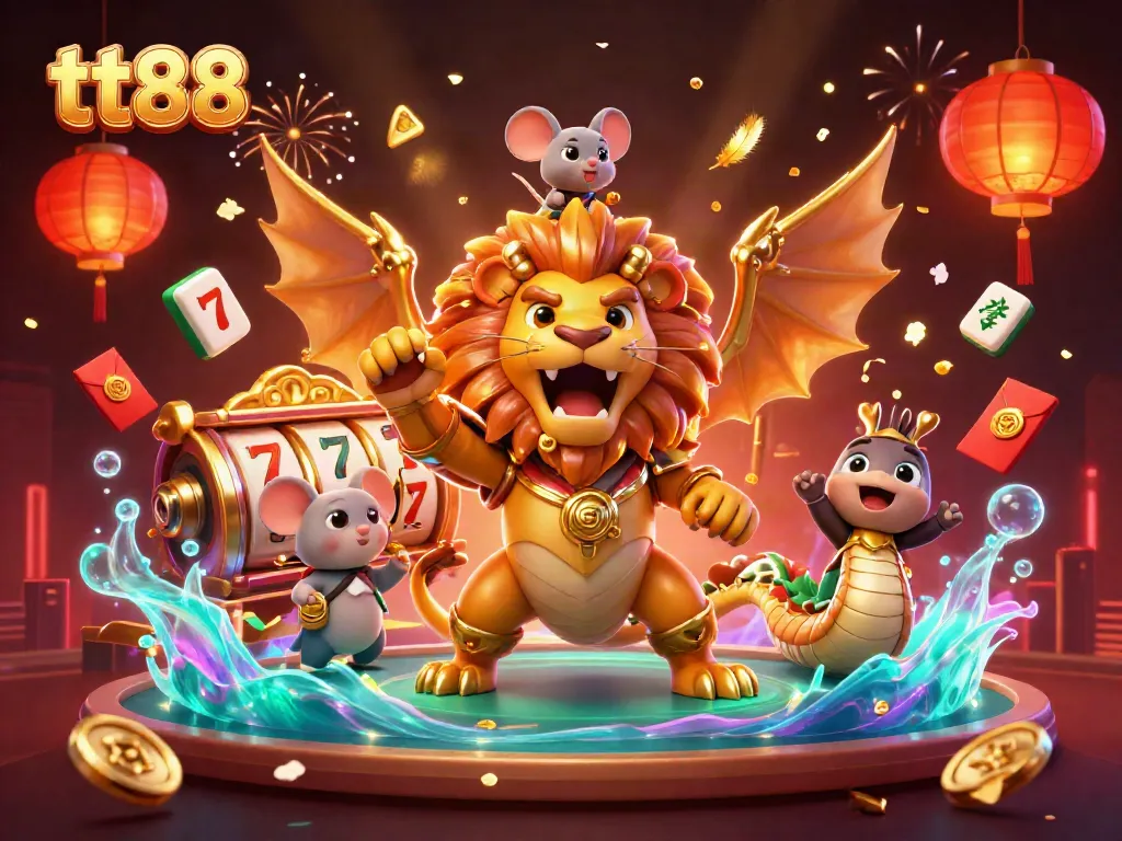 Engage in thrilling slots with tt88, featuring a dynamic chimera creature and magical casino elements.