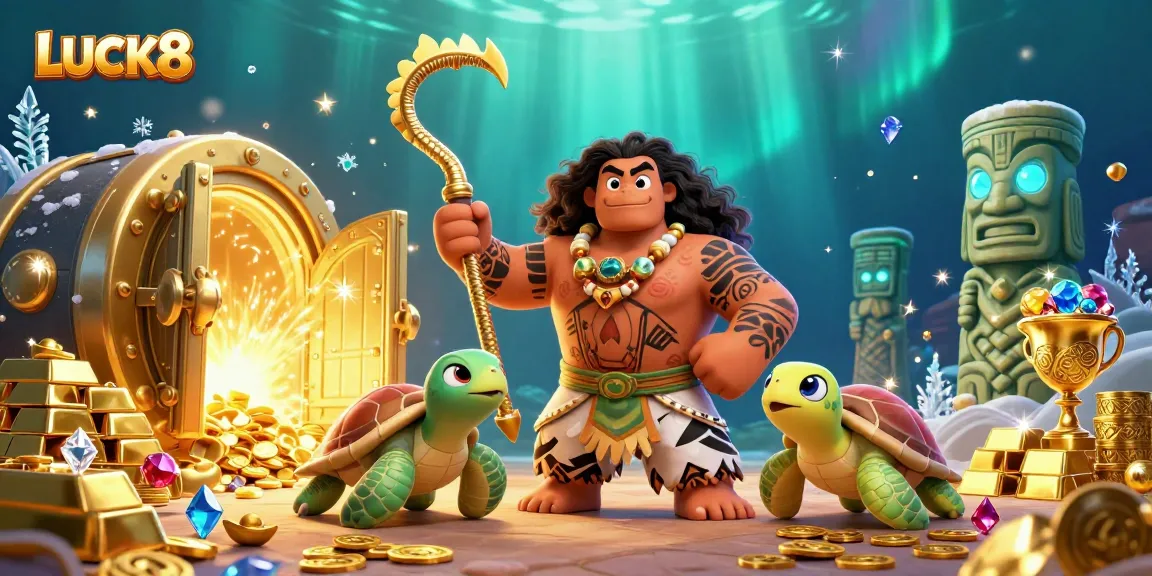 Engage with LUCK8 in a vibrant 3D casino scene featuring treasures, games, and mythical elements.