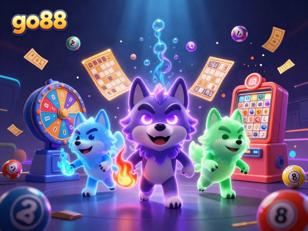 Experience thrilling gameplay with go88, illustrated by a dynamic scene of mystical wolves and casino elements.