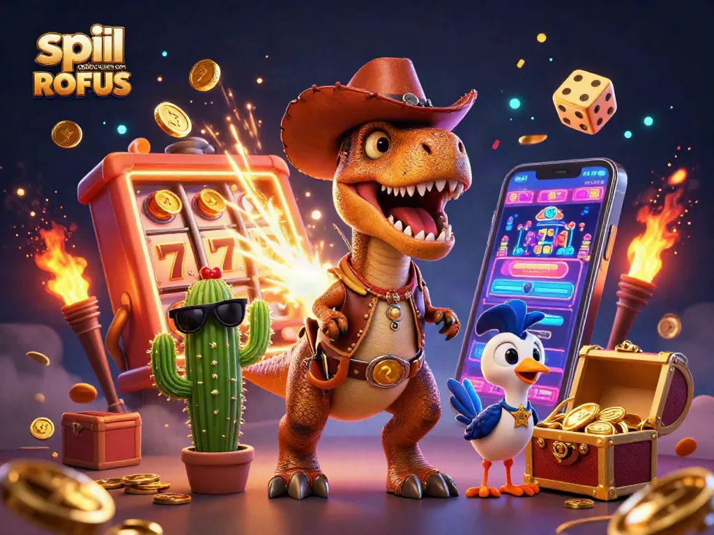 Immerse in the thrilling world of spil casino uden om ROFUS with a vibrant 3D dinosaur and casino elements.