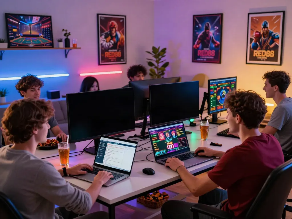 Exciting online gaming atmosphere at https://red88.limited/ with friends engaging in live betting and casino games.