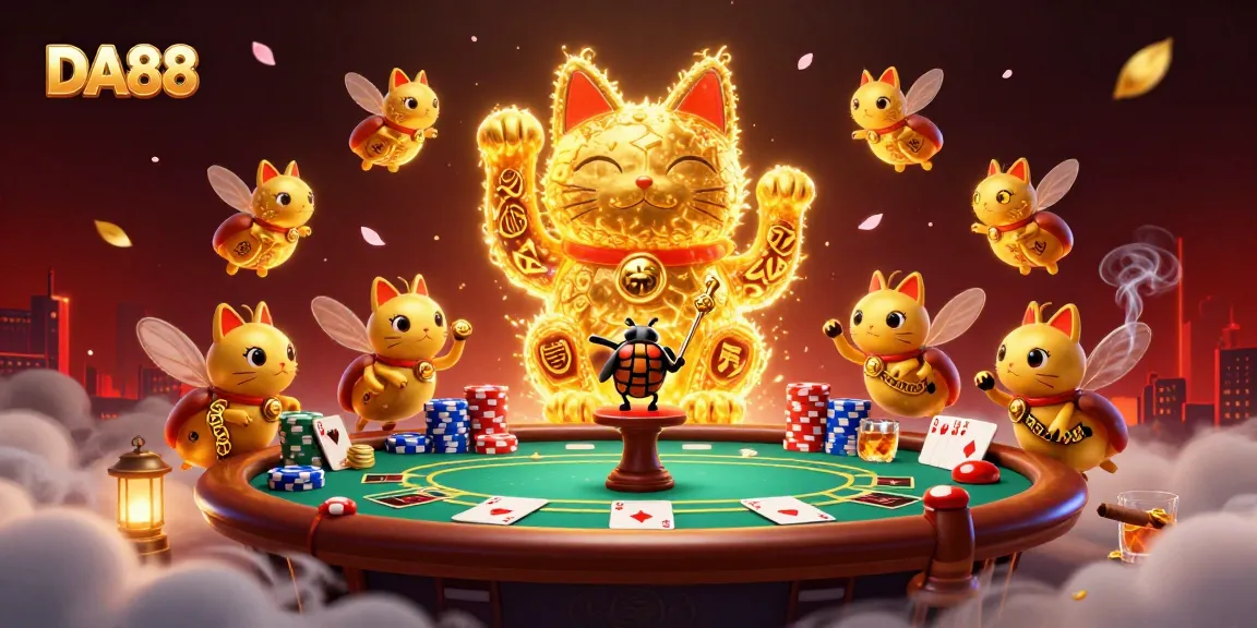 Engage with DA88's lively casino experience as golden fireflies form a lucky cat amidst poker excitement.