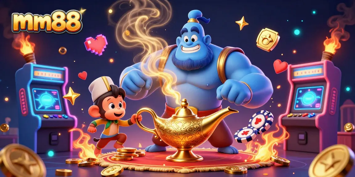 Win big with mm88 at this vibrant, magical casino scene featuring a genie and poker elements.