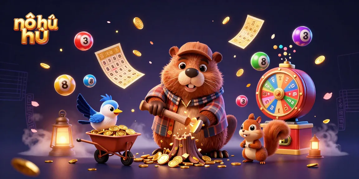Experience the thrill of nổ hũ as the beaver cuts a tree raining coins in this vibrant casino scene.