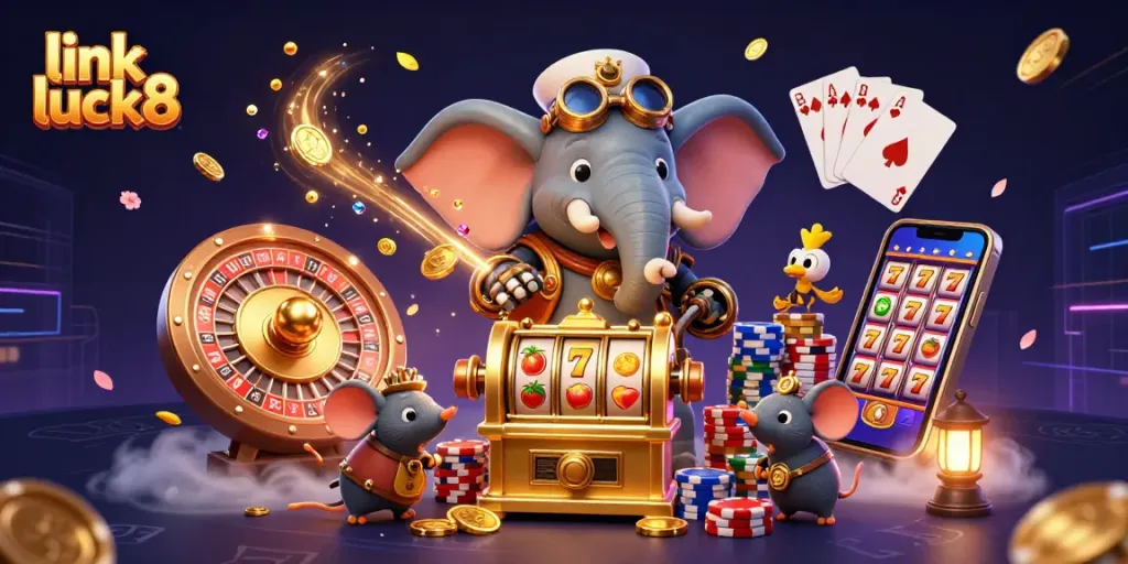 Play thrilling slots with link luck8 in this vibrant 3D casino scene featuring steampunk characters and lucky symbols.