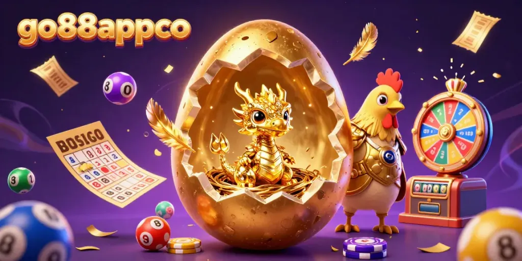 Engage with the exciting gaming world of go88appco featuring a golden dragon, poker chips, and vibrant lottery elements.