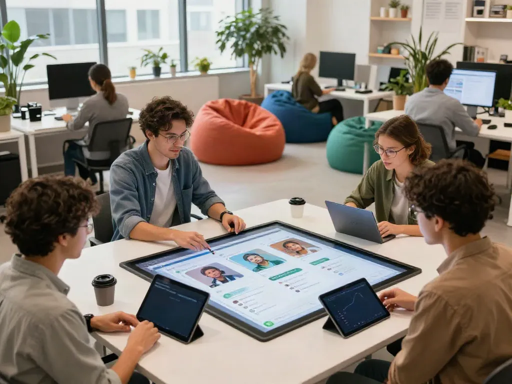 Diverse professionals collaborating on AI applications in a vibrant workspace showcasing juicy ai technology.