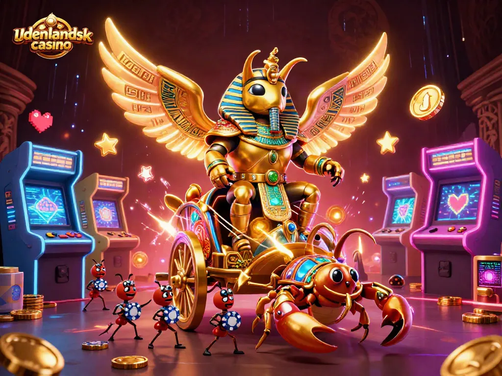 Win big at udenlandsk casino with a vivid 3D illustration of fantasy characters and gaming elements.