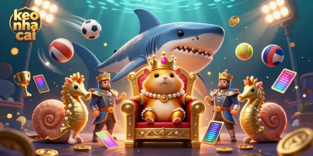 Engage with the dynamic keo nha cai scene featuring a golden hamster king, sports elements, and vibrant underwater lighting.