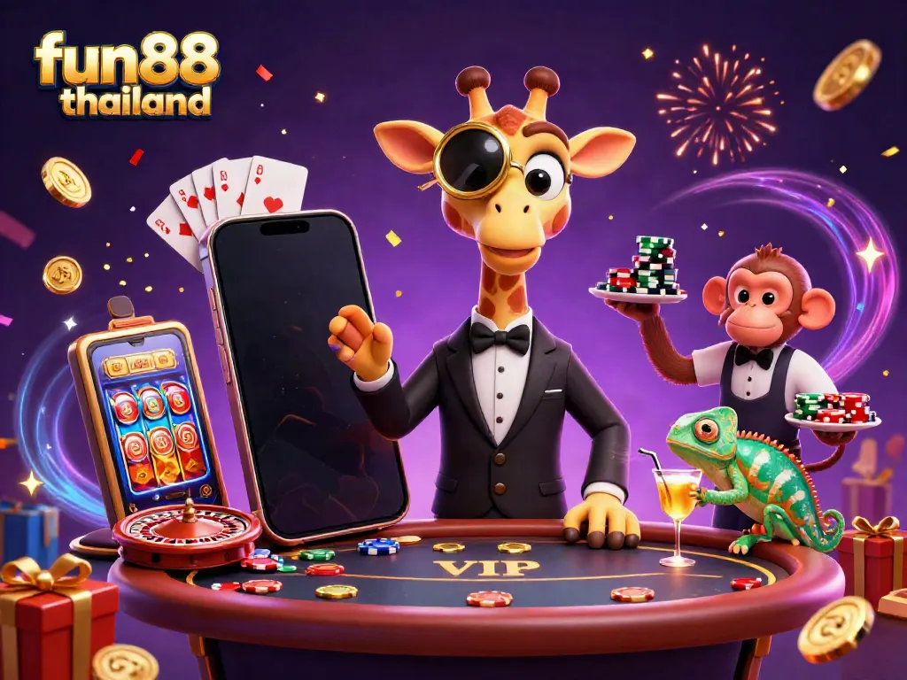 Play exciting casino games at fun88 thailand with vibrant illustrations of a giraffe, monkey, and chameleon in action.