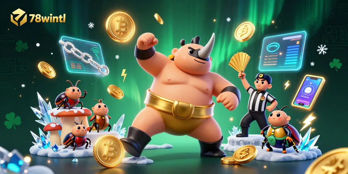Engage with 78wintl as the rhinoceros beetle champion kicks and sends coins flying in an action-packed casino scene.