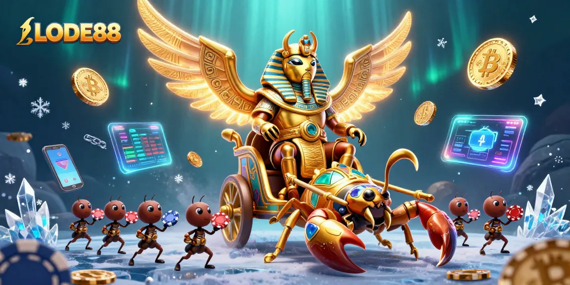 Engage in thrilling action at LODE88 with a dynamic illustration featuring gaming elements and vibrant characters.