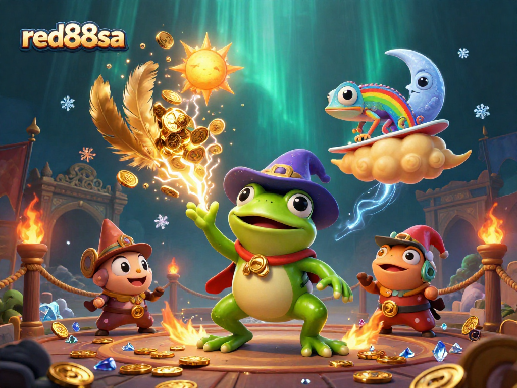 Join the fun at red88sa with vibrant casino characters creating excitement amidst a gold-coin storm.