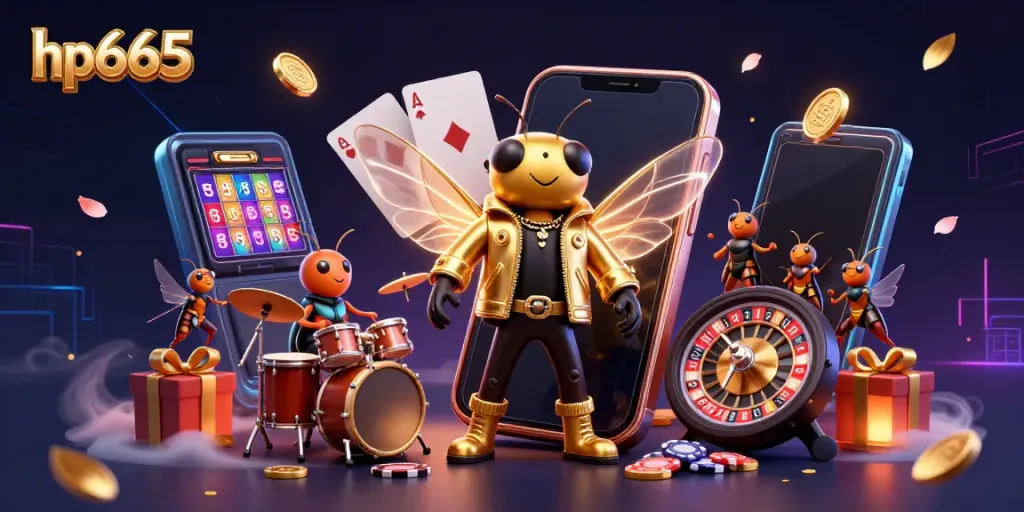 hp665 interactive casino scene featuring a cicada rock star, gold coins, and colorful slot games.