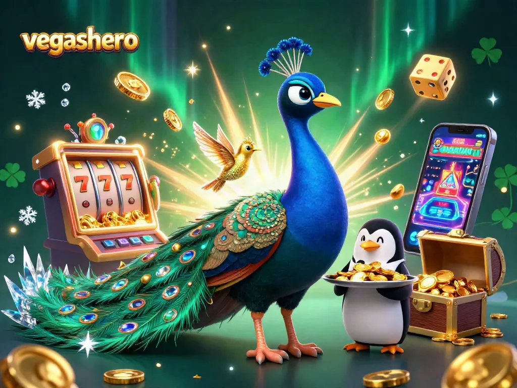 Experience the thrill of vegashero with vibrant casino imagery featuring a peacock and golden chips.