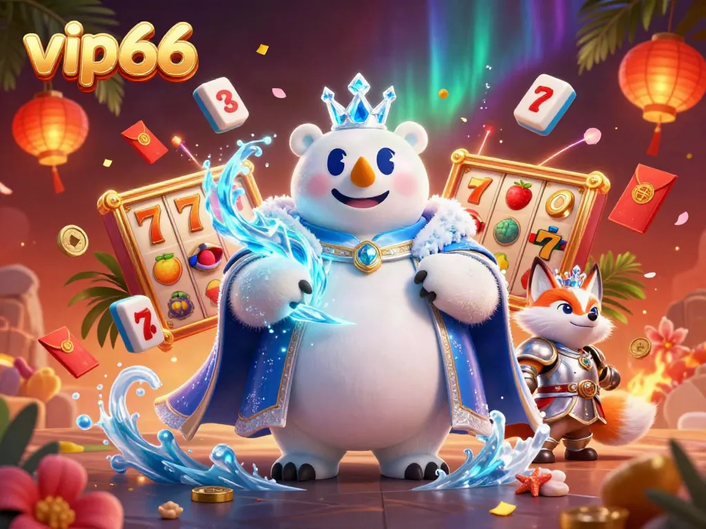 Experience thrilling wins with vip66 in this vibrant 3D casino scene featuring symbols of luck and fortune.
