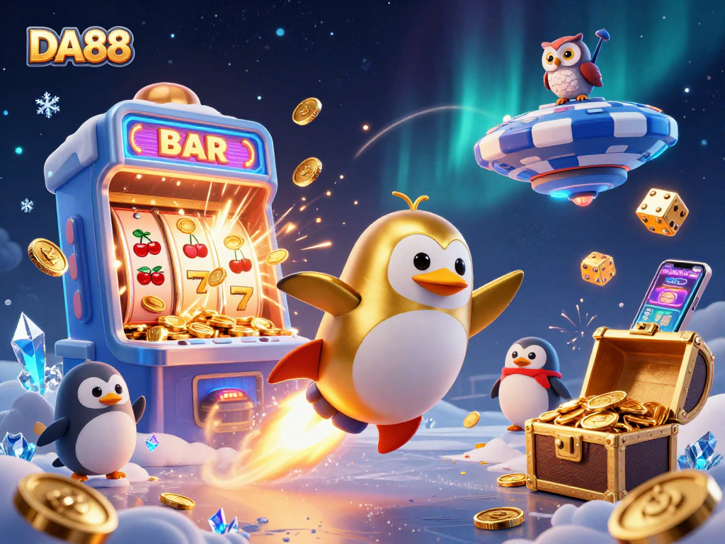Experience DA88 with a golden penguin in a cosmic casino, exploring exciting gaming treasures.