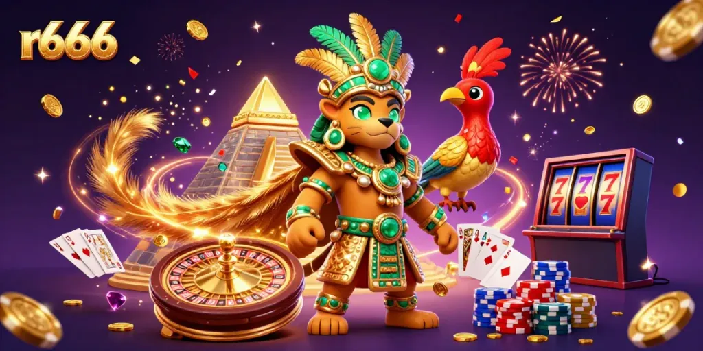 Experience thrilling gameplay with r666, featuring a Mayan priest and vibrant casino elements.