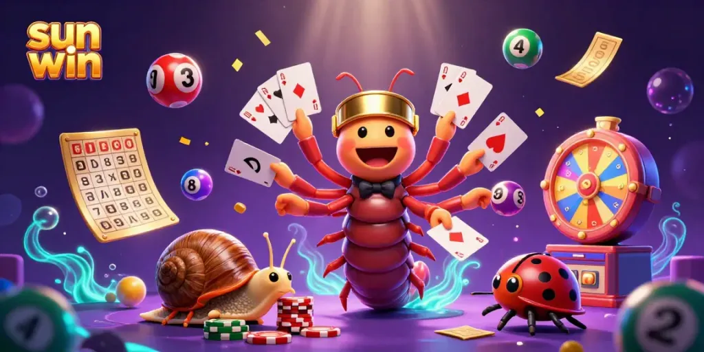 Experience the excitement of sun win in this dynamic scene with a cartoon dealer and vibrant gambling elements.