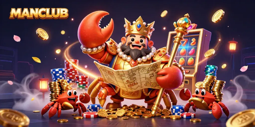 Join MANCLUB as a golden crab emperor rules the casino with slot machines, poker chips, and treasures.