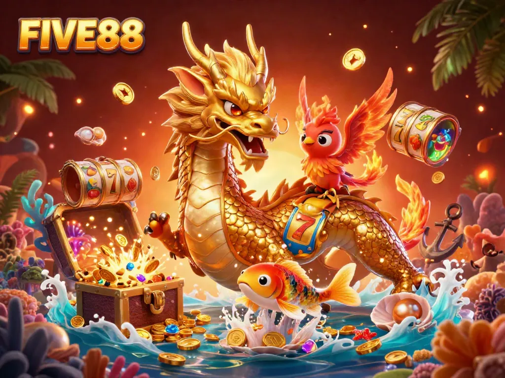Join the action with FIVE88 as a golden dragon, phoenix, and koi fish celebrate winning moments.