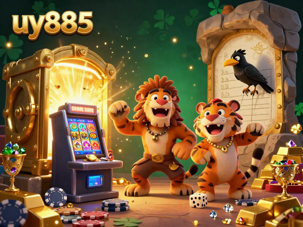 Experience thrilling gaming at uy885 with a lively casino scene featuring characters enjoying slot games and gold treasures.
