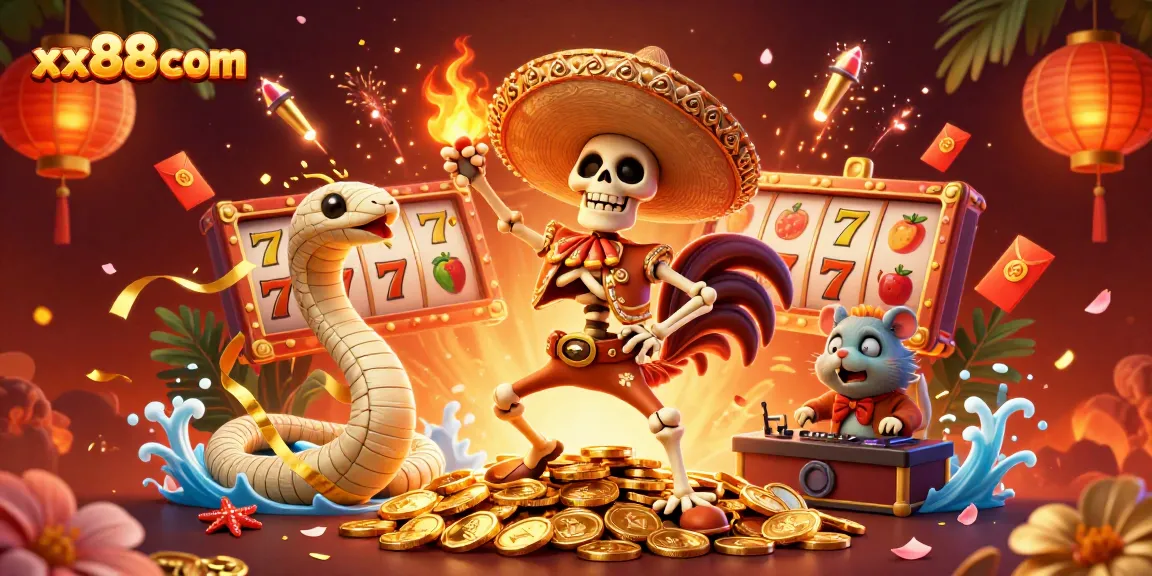Win big at xx88com with an exciting casino scene featuring festive characters and slot games.