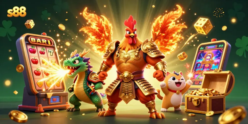 Experience the thrill of s88 with our vibrant casino illustration showcasing exciting slot action and lucky characters.