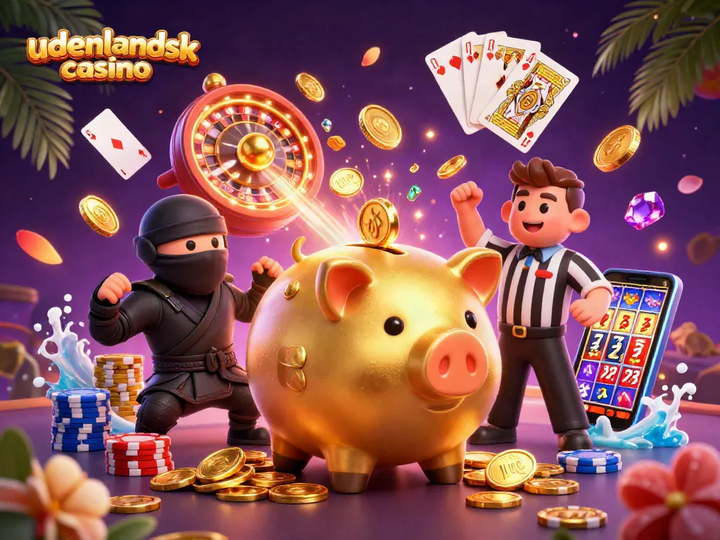 Experience the thrills at udenlandsk casino with golden piggy banks and vibrant casino elements.