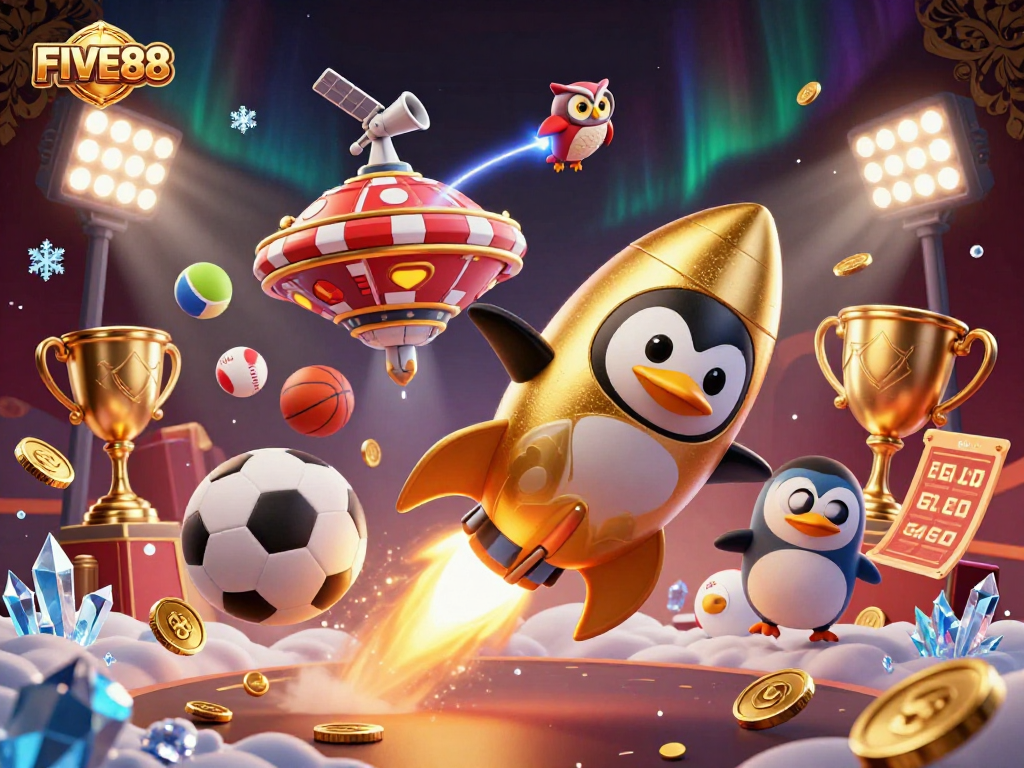 Experience the thrill of FIVE88 as a golden penguin rockets towards a glowing casino station with sports elements.