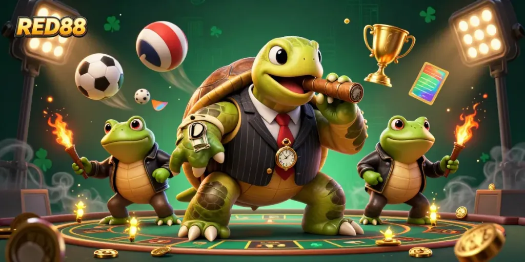 Experience thrilling betting adventures with RED88 in this vibrant casino scene featuring unique 3D characters.