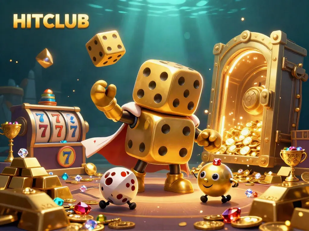 Experience the thrill of HITCLUB with a lively 3D scene featuring gambling symbols, colorful treasures, and a dynamic atmosphere.