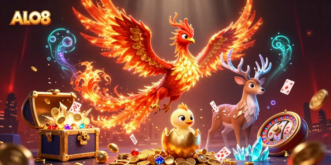 Experience ALO8's vibrant casino world as the phoenix soars above magical treasures and games.