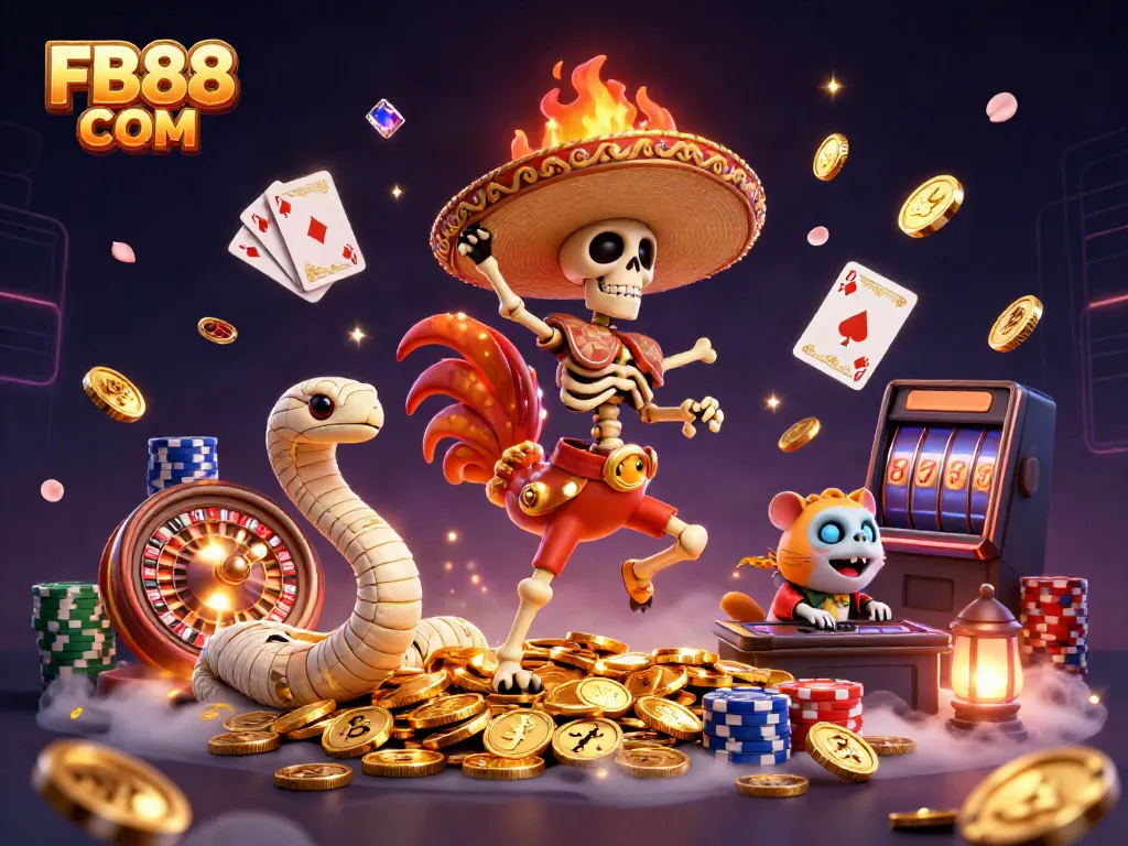 Engage with thrilling entertainment at FB88 COM featuring vibrant 3D illustrations of casino games and characters.