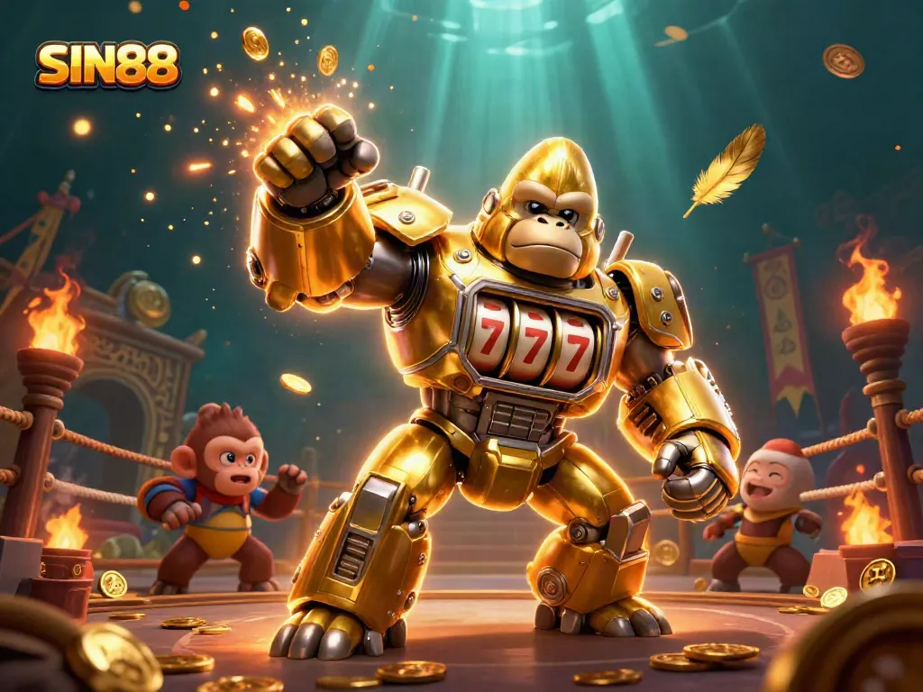 SIN88 showcases a golden gorilla mech with slot machine components, striking dynamic poses while surrounded by casino elements.